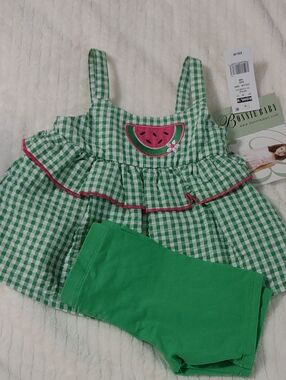 2 PC Set Bonnie Baby Green Gingham Dress with Watermelon Accent